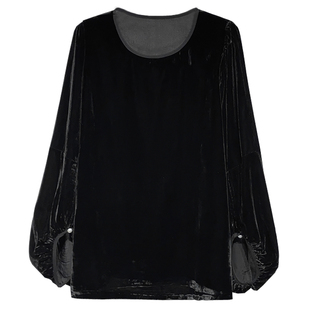 轻奢圆领灯笼袖真丝丝绒套头衬衫女秋季新款气质宽松内搭上衣