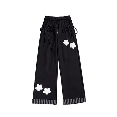 复古星星刺绣高腰休闲裤