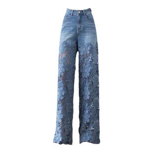 高腰阔腿裤女2025年秋季时尚气质百搭缕空蕾丝拼接牛仔垂感裤子夏