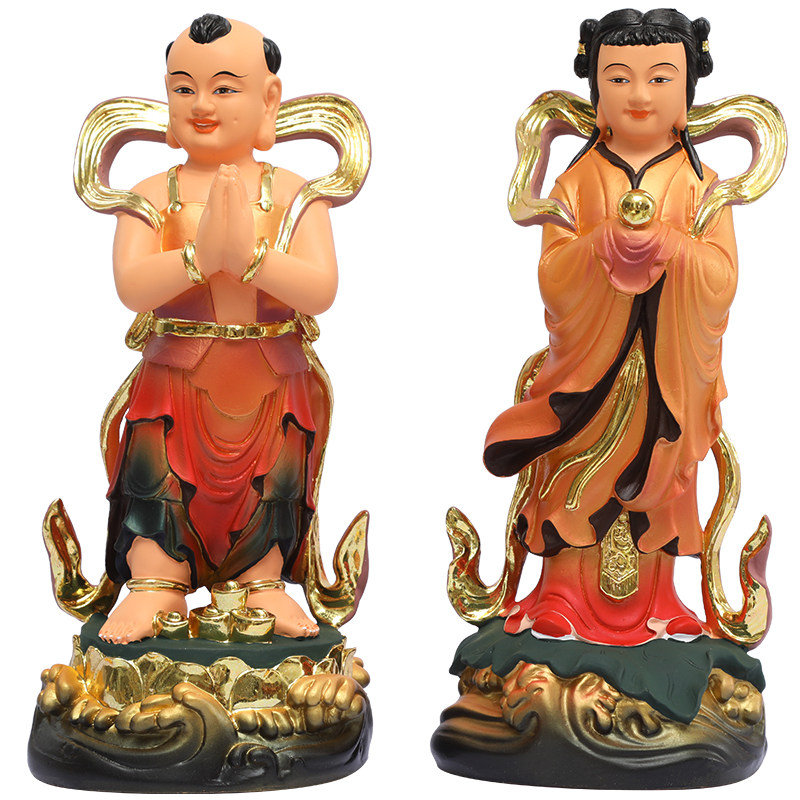 树脂彩绘观音善财童子佛像