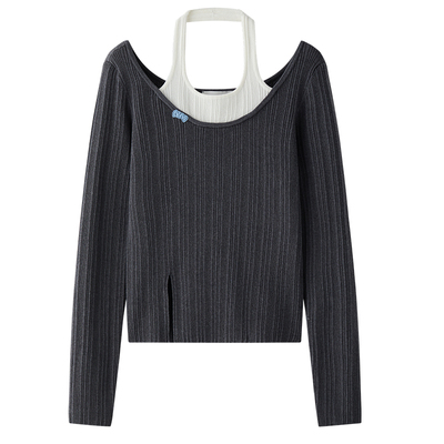 雅灰挂脖假两件针织衫