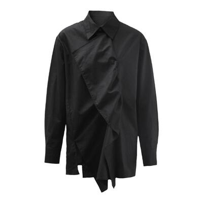 山本风不规则荷叶边拼接黑色衬衫