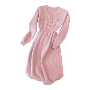 2026秋冬新款法式高级感粉色V领毛衣裙针织连衣裙女士长袖小香风