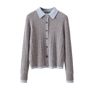 春竹羊毛羊绒混纺秋冬新款翻领拼色假两件绞花针织外套女羊毛开衫