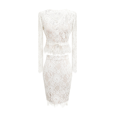 THE SWAN司凰轻奢 法式浪漫纯欲气质蕾丝修身上衣半身裙精致套装