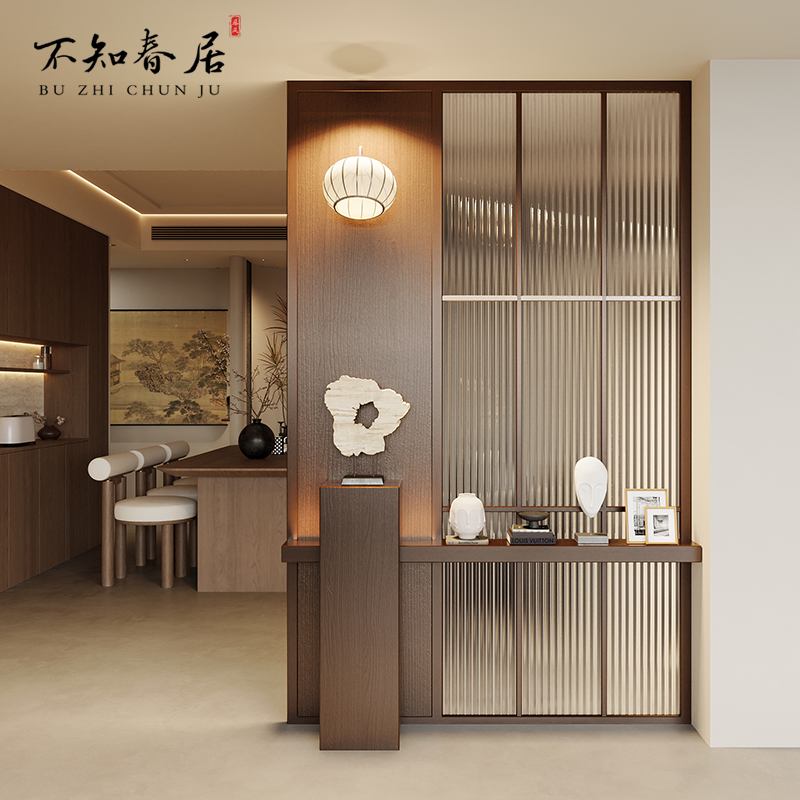 新中式实木玻璃屏风 可客制化玄关隔断办公室酒店穿堂风设计