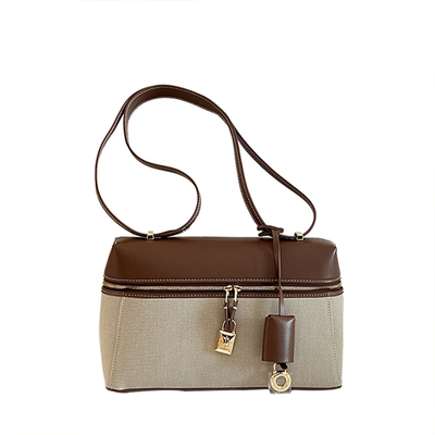 牛皮拼接帆布手提女包