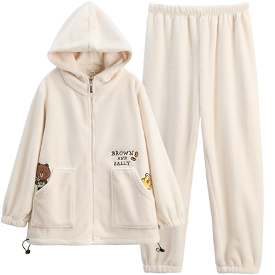 芬腾女士秋冬季珊瑚绒连帽家居服