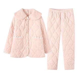 芬腾睡衣女款2025新款冬季三层加厚加绒棉袄冬款珊瑚绒家居服套装