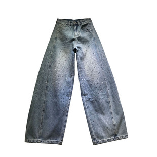 E野视角烫钻弯刀裤女2026年春季拖地牛仔裤无弹力显瘦阔腿裤61259