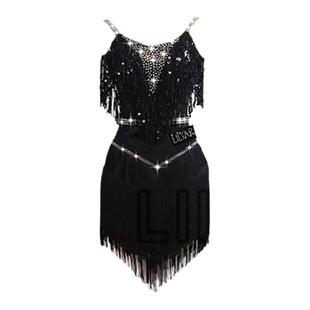 黎丽雅拉丁舞蹈服专业比赛服动感流苏裙短裙黑色收腰亮片闪钻定制