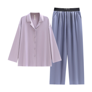 悦内睡衣女春秋款冰丝绸缎长袖家居服丝绸时尚休闲紫色薄款可外穿