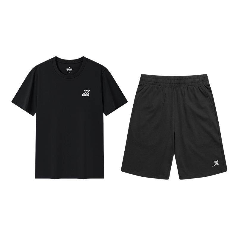 特步休闲运动套装男款夏季新款休闲百搭时尚简约针织棉T短袖短裤
