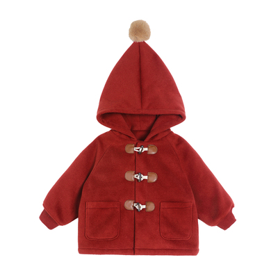小O爸男婴童 男宝宝呢子外套红色复古牛角扣婴儿新年连帽拜年服