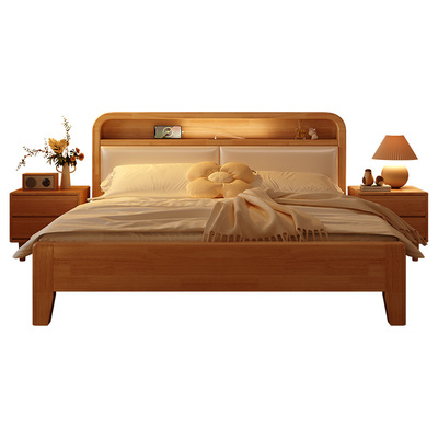 政府补贴原木风温馨实木软靠床置物充电多功能床头1.8 m主卧大床