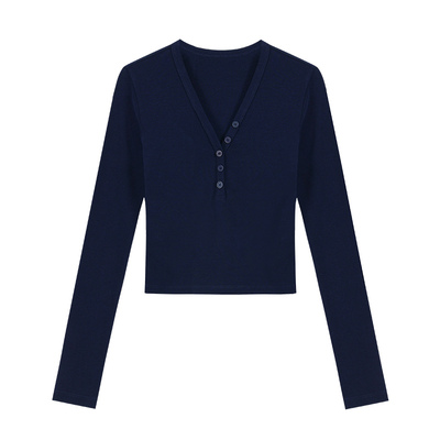 pusumedeV领长袖T恤短款针织上衣