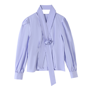 大于诗集 南法卢浮 法式宫廷风V领衬衣女立体花收腰泡泡袖衬衫春