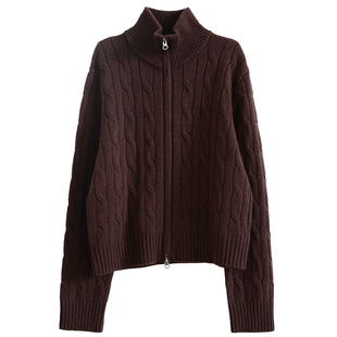 G25M-018【深秋帘幕】北京瓷片高端复古文艺羊毛绞花立领拉链开衫