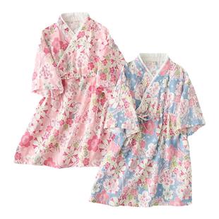 纯棉纱布亲子可外穿春夏女童短袖和服睡裙女孩汉服睡衣温泉汗蒸服