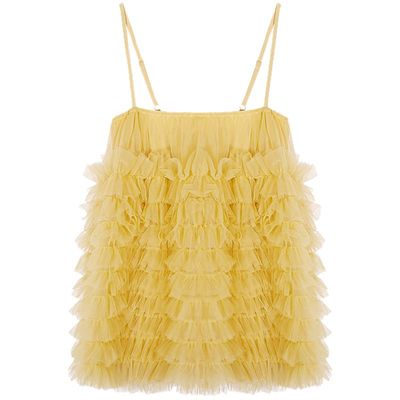 今屿花花黄色网纱吊带连衣裙女