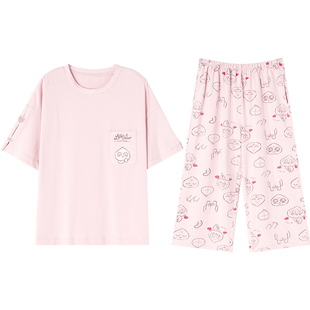 秋鹿女士夏季薄款短袖家居服套装卡通柔软七分裤宽松舒适纯棉睡衣