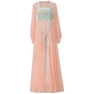 中国风唐制改良汉服仙气日常齐胸刺绣飘带大裙摆连衣裙古装女款夏