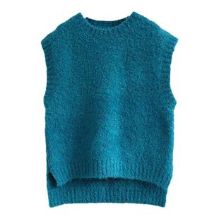 孔雀蓝毛衣背心女秋冬羊毛套头宽松叠穿马甲马海毛绿色针织衫上衣