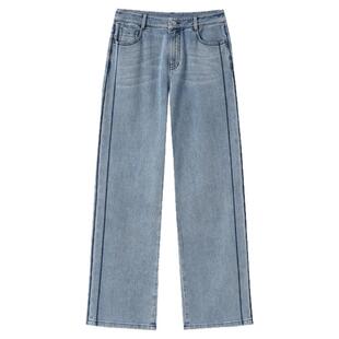 念奴娇高腰浅色直筒裤女春季新品刺绣侧缝牛仔裤女长裤百搭显瘦