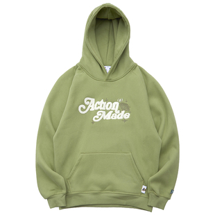 ACTIONS 秋冬季新款毛巾绣插肩宽松套头加绒美式情侣连帽卫衣男潮