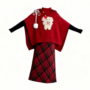 圣诞红色高领毛衣套装格子连衣裙子女童秋冬季高级感2025新年长裙