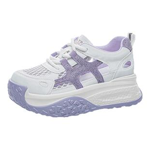 ZFCQ新款镂空网面透气老爹鞋女款真皮亮片2026夏季内增高休闲单鞋