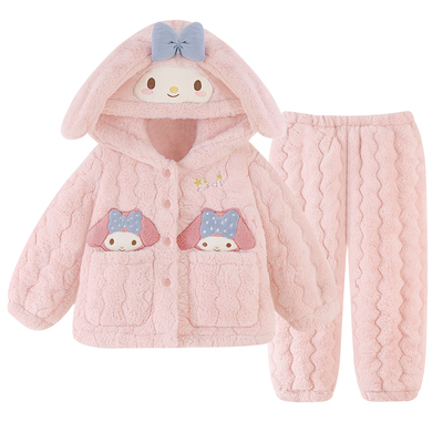 美乐蒂加厚三层夹棉儿童睡衣女童冬季珊瑚女孩大童亲子家居服套装