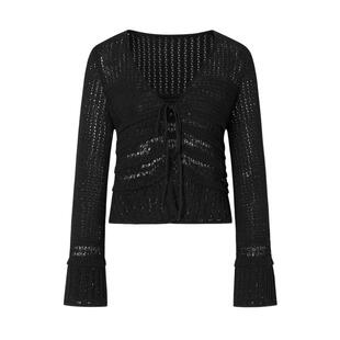 商场同款 摩萨克夏法式喇叭袖镂空系带修身V领针织开衫女