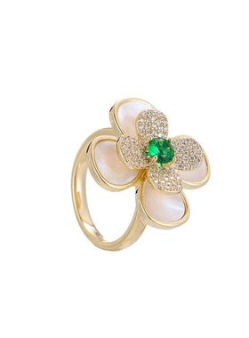 轻奢天然母贝双层幸运草开口戒