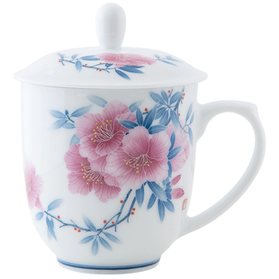 千红窑醴陵釉下彩手绘柿子办公杯陶瓷带盖泡茶杯薄胎中式茶杯礼品