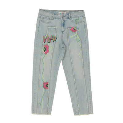 MIIDII谜底牛仔裤女2022春款舒适柔软天丝棉刺绣长裤女221MK0032