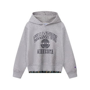 Champion冠军童装男女童冬季新款复古学院风连帽假两件加绒卫衣