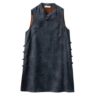 现货 100%桑蚕丝香云纱花萝奥黛中长款上衣女国风盘扣真丝无袖T恤