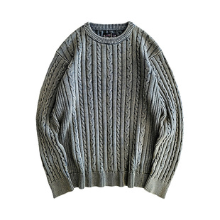 西里布棉线套头圆领麻花针织衫长袖拔染做旧纯色美式复古流行非rr