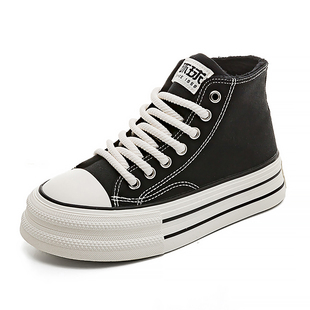 环球厚底高帮加绒帆布鞋女2025秋冬新款韩版百搭棉鞋芒果头软板鞋