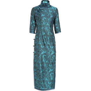 三重门{蓝色时分}花罗真丝旗袍长款优雅中国风高贵桑蚕丝女连衣裙