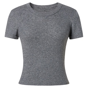 MOISSAC摩萨克秋款简约刺绣logo螺纹领口针织短袖毛衫T恤女