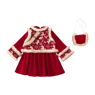 拜年服女童新中式唐装套装宝宝红色新年裙子冬装儿童过年喜庆衣服