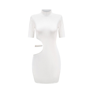 [甄选5折]NanaJacqueline连衣裙镂空链条针织立领女性感辣妹短裙