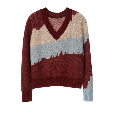 SOMSOM/索玛V领套头针织衫上衣宽松撞色绵羊毛百搭休闲长袖毛织衫