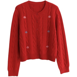 花吉B825红色玫瑰花刺绣针织圆领开衫女2025新款秋宽松毛衣针织衫