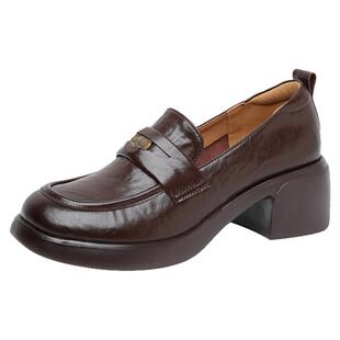 真皮厚底乐福鞋女单鞋中粗跟休闲软底小皮鞋复古圆头牛皮女鞋新款