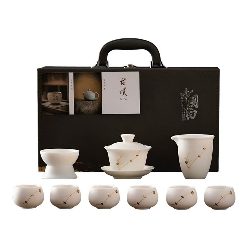 羊脂玉瓷锔钉功夫茶具礼盒装