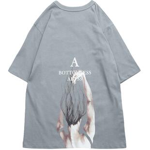 TNPE夏季圆领日系宽松纯棉男女短袖浅灰黑绿黄印花T恤