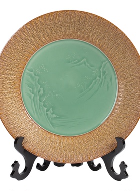 青瓷釉下彩手工陶瓷跳刀山水摆件